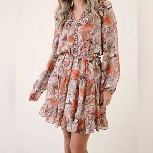Anthropologie Current Air Ruffled Floral Mini Dress M Grey Orange Long‎ Sleeve